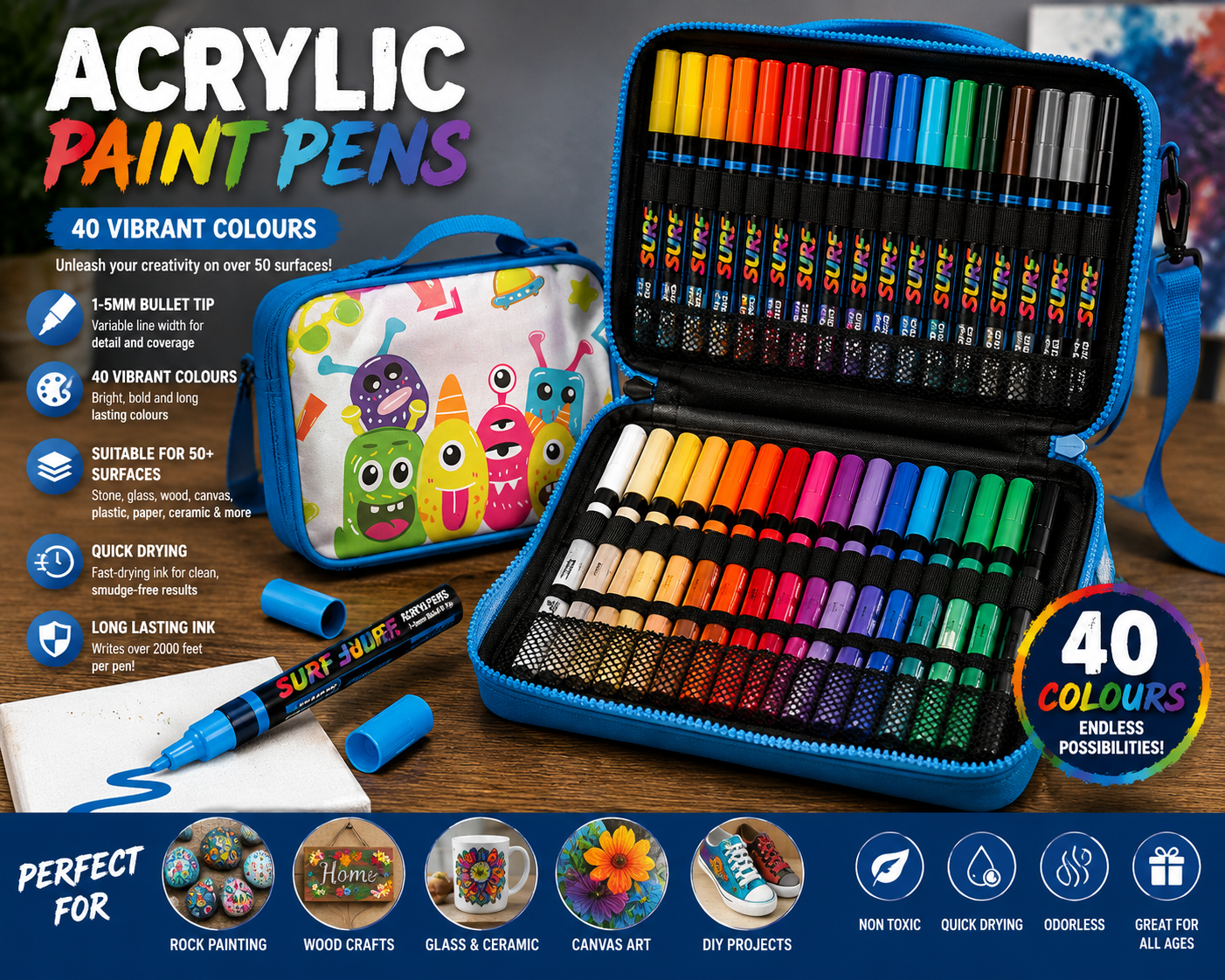 40 Colour Acrylic Paint Marker Pen Set In Carry Case | Canvas Rock Wood Ceramic Fabric