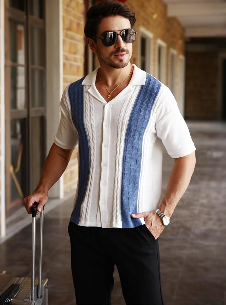 HYPESTFIT Men’s Slim Fit Short Sleeve Contrast Panel Shirt – Lightweight Summer Holiday Shirt – XL-XXL