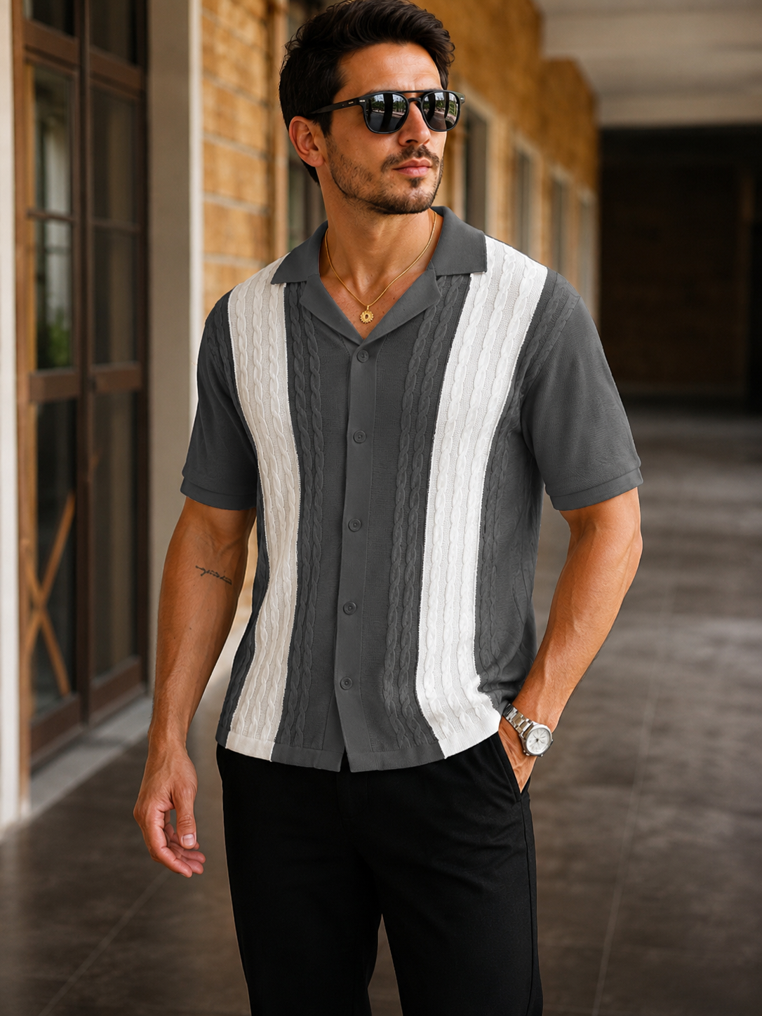 HYPESTFIT Men’s Cable Knit Contrast Panel Shirt Grey White – Short Sleeve Smart Casual Summer Shirt