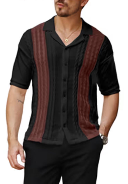 HYPESTFIT Men’s Slim Fit Short Sleeve Contrast Panel Shirt – Summer Holiday Shirt – Black/Burgundy – Large & XL
