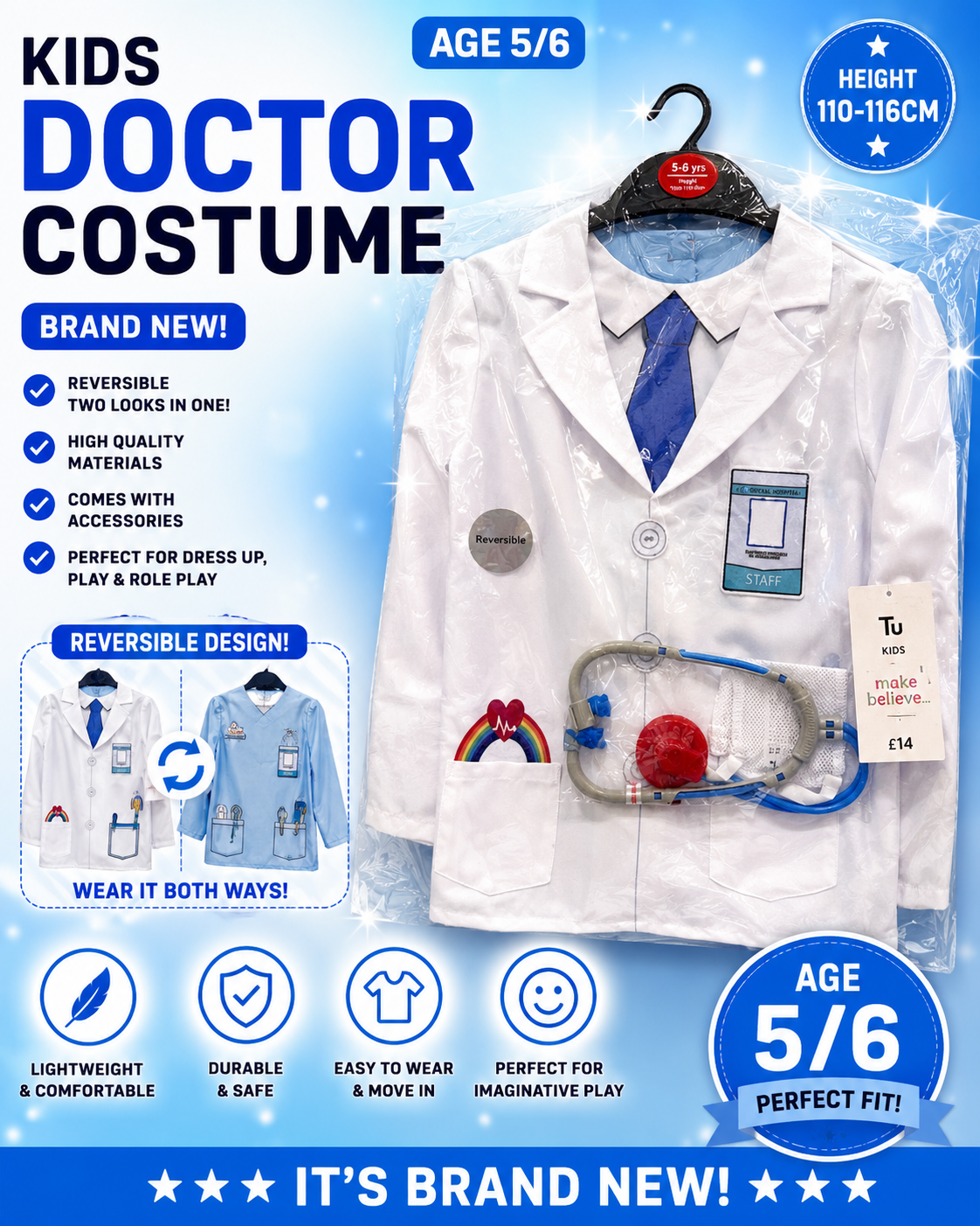 Kids Reversible Doctor Costume – Age 5-6 Years