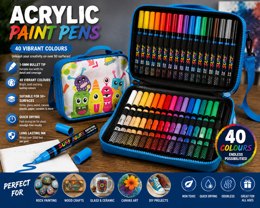 40 Colour Acrylic Paint Marker Pen Set In Carry Case | Canvas Rock Wood Ceramic Fabric