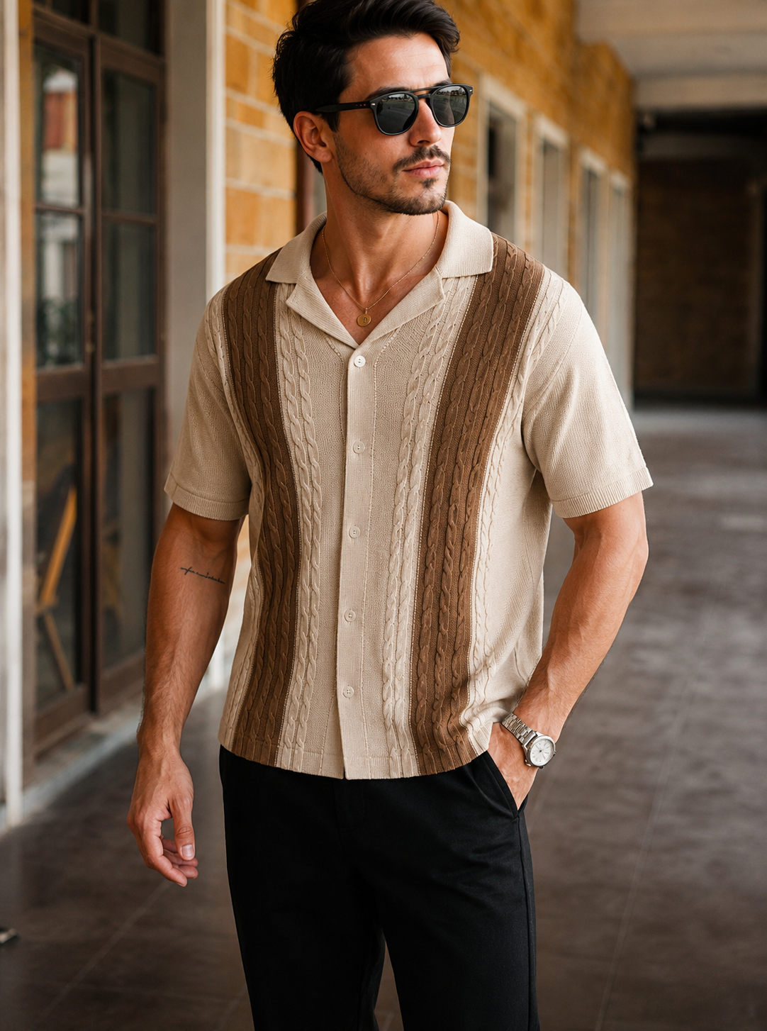 HYPESTFIT Men’s Cable Knit Contrast Panel Shirt – Beige/Brown – Short Sleeve Summer Polo Style