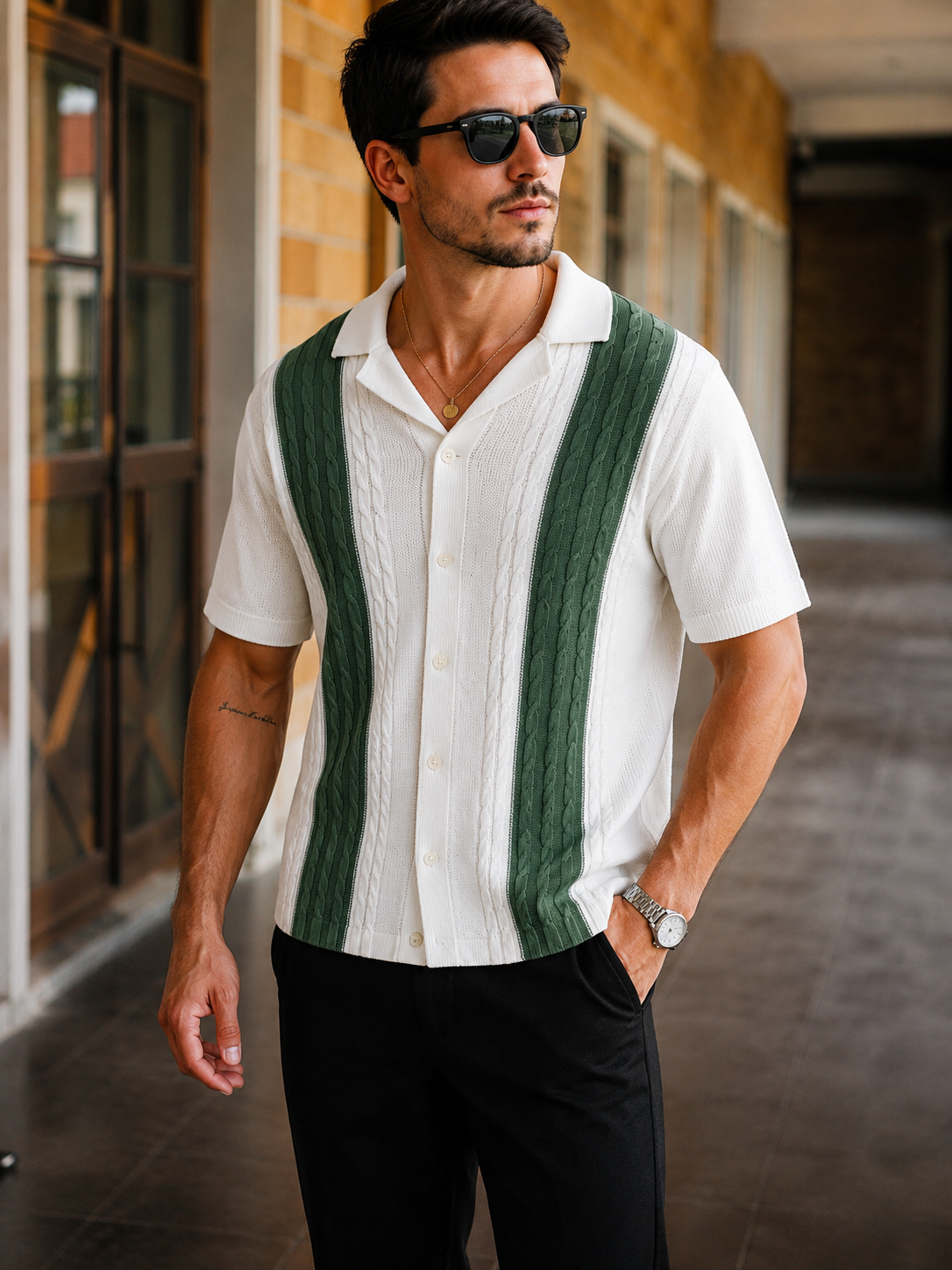 HYPESTFIT Men’s Cable Knit Contrast Panel Shirt White Green – Short Sleeve Summer Holiday Polo Style